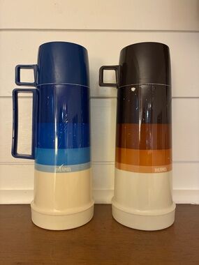 Vintage Thermos Set Retro Striped Camping Coffee Jugs w Cups